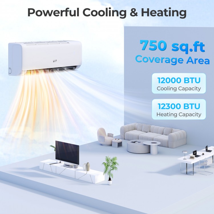 Airtural Series 12000 BTU mini split heat pump for cooling and heating large rooms up to 750 sq.ft with WiFi control.