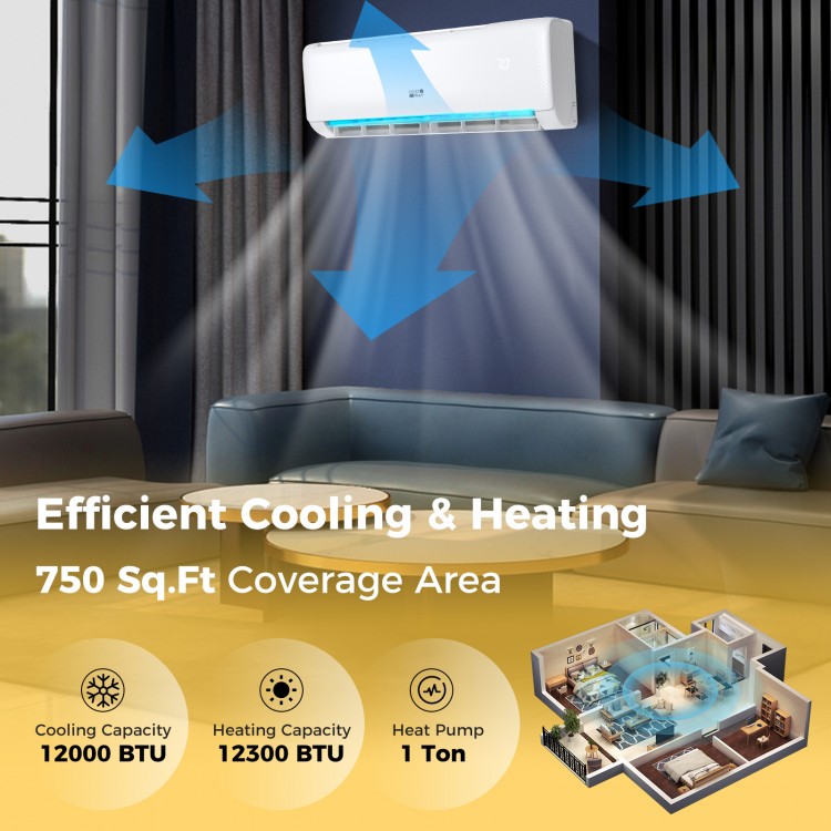 Ductless mini split air conditioner with heater pump, 12000 BTU, for efficient cooling and heating in 750 sq.ft spaces.