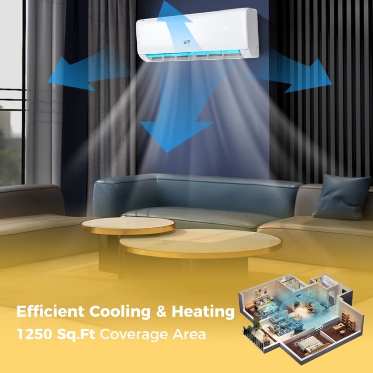 Ductless mini split air conditioner and heater with efficient cooling for up to 1250 sq.ft, featuring 21 SEER2 rating.