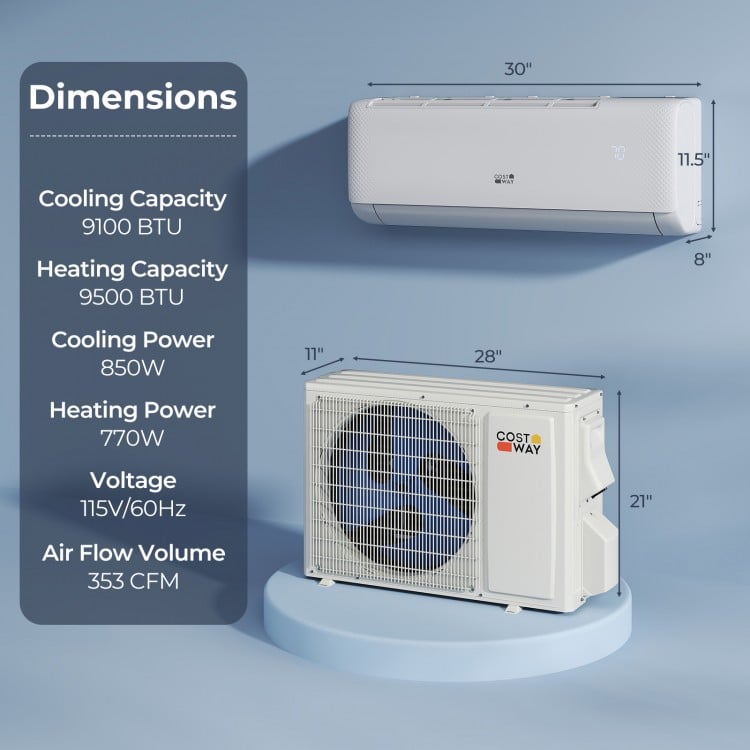 Airtural Series 9100 BTU mini split AC unit with cooling and heating capacities, designed for rooms up to 450 sq.ft.