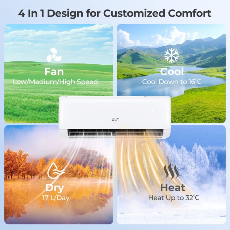 Airtural Series 9100 BTU mini split AC showcasing its 4-in-1 design: cool, heat, dry, and fan for customized comfort.
