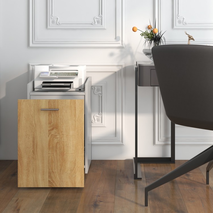 Mobile file cabinet with wood finish, featuring two drawers and wheels, ideal for office storage and printer placement.