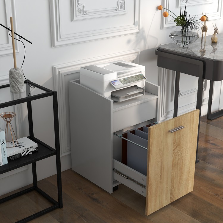 File cabinet with two drawers in white and wood finish, featuring wheels for mobility and a spacious top for printer.