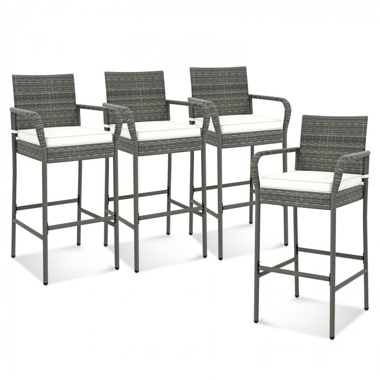 Set of 4 all-weather PE rattan bar chairs with armrests and cushions, ideal for backyard and porch relaxation.