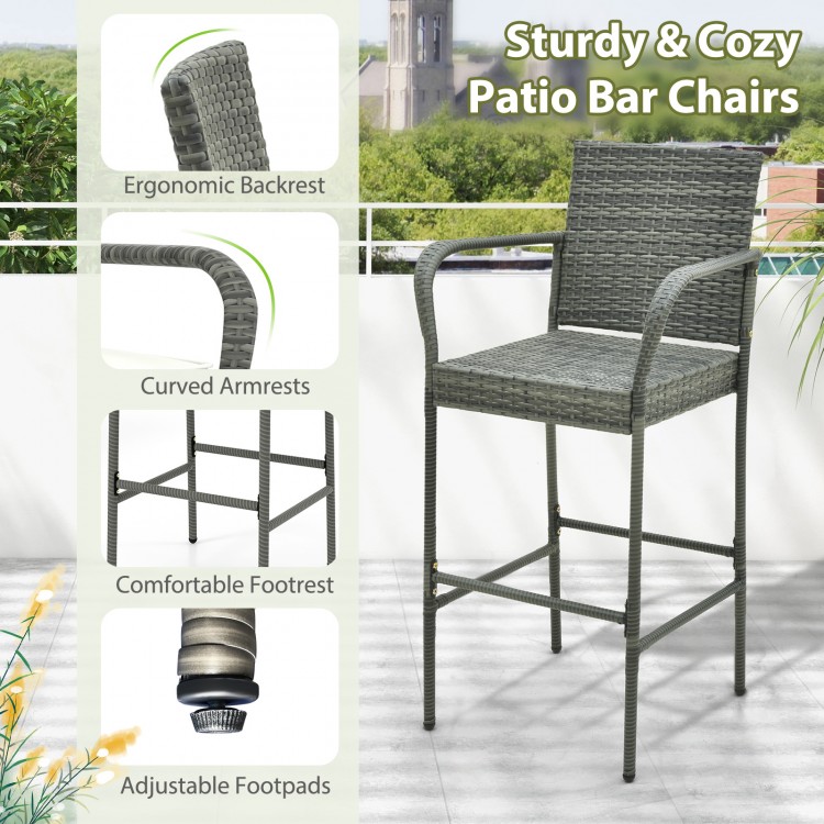 High bar chair with ergonomic backrest and armrests, made of all-weather PE rattan, perfect for backyard or porch use.