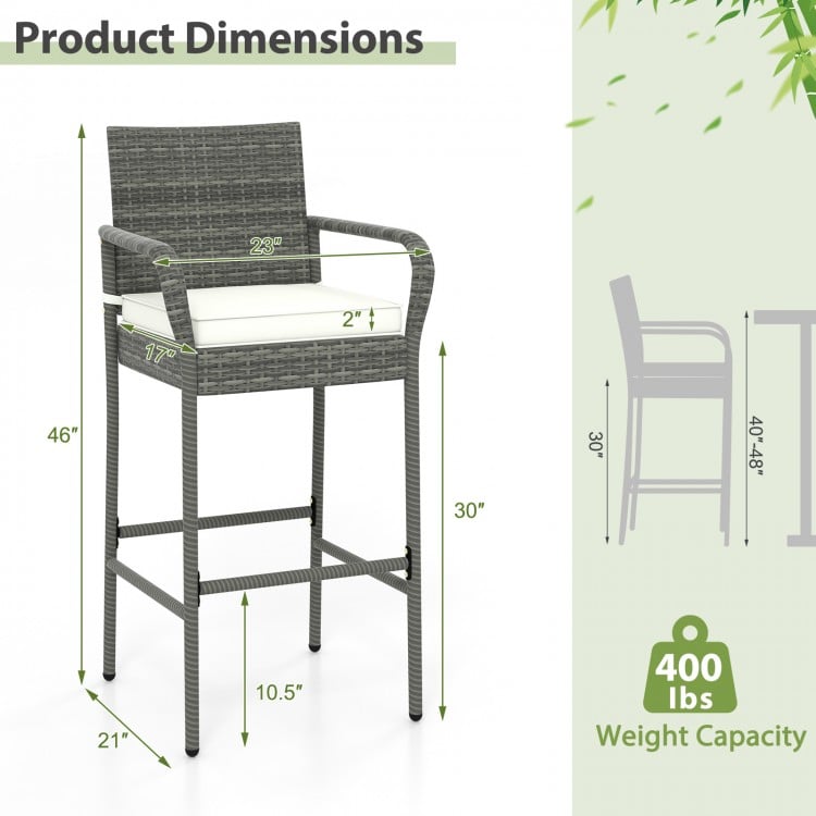 All-weather PE rattan bar chair with armrests and seat cushion, 30" seat height, ideal for backyard and porch use.