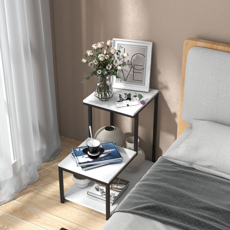 3-tier white sofa side table with black steel frame, perfect for storage and display in any room.