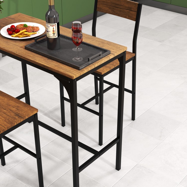 Bar table set featuring a wooden top and black steel frame, perfect for dining or gatherings in any room style.