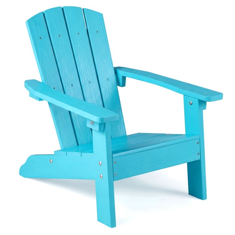 Turquoise All-Weather HIPS Kid's Adirondack Chair with high backrest and armrests, perfect for indoor or outdoor use.