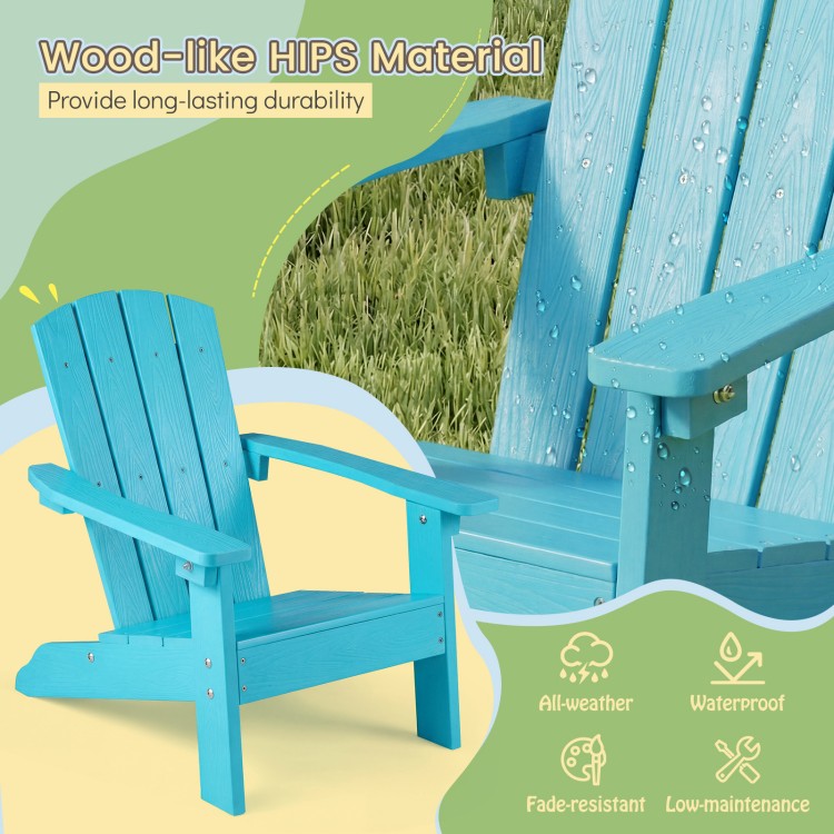 Turquoise all-weather HIPS kid's Adirondack chair with high backrest and armrests, designed for outdoor durability and.