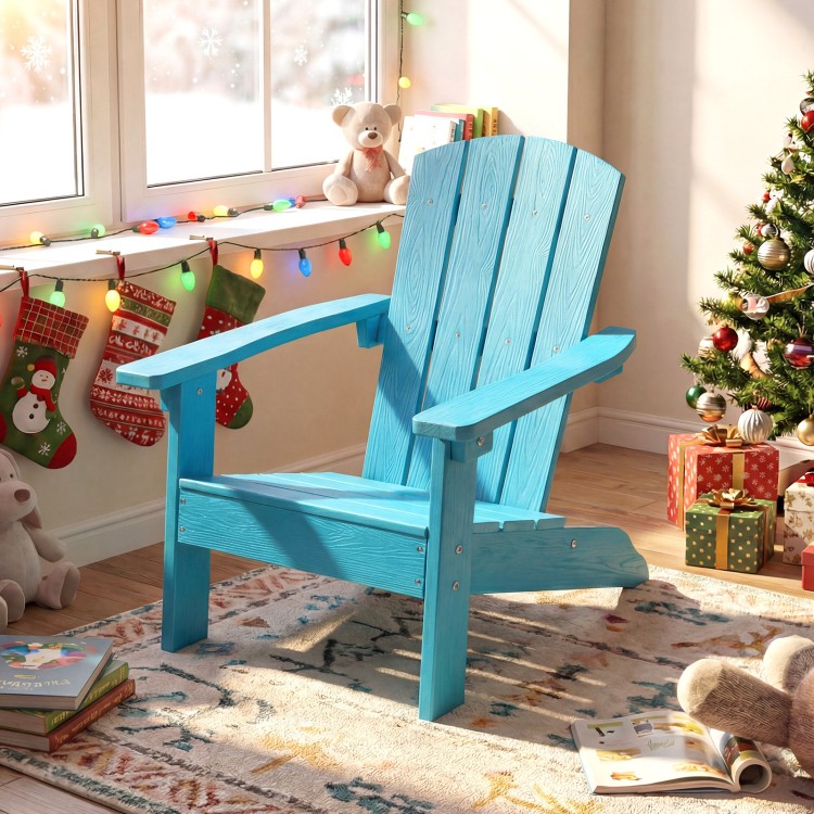 Turquoise kid's Adirondack chair with high backrest and armrests, perfect for indoor or outdoor relaxation.