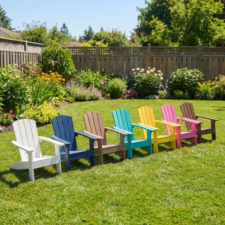 Colorful All-Weather HIPS Kid's Adirondack Chairs with high backrest, perfect for outdoor relaxation and stability.