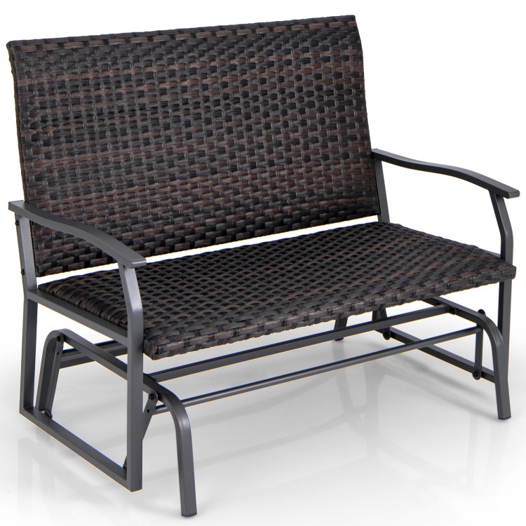 Two-person swing glider bench in brown with premium rattan surface and quick dry foam seat, perfect for outdoor.