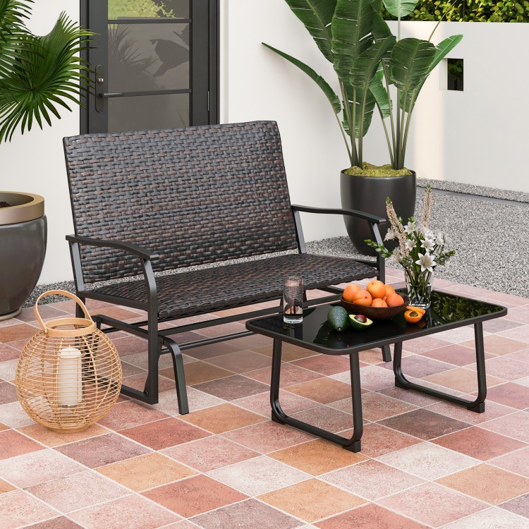 All Weather Outdoor 2-Person Swing Glider Bench in brown with quick dry foam seat, perfect for backyard relaxation.