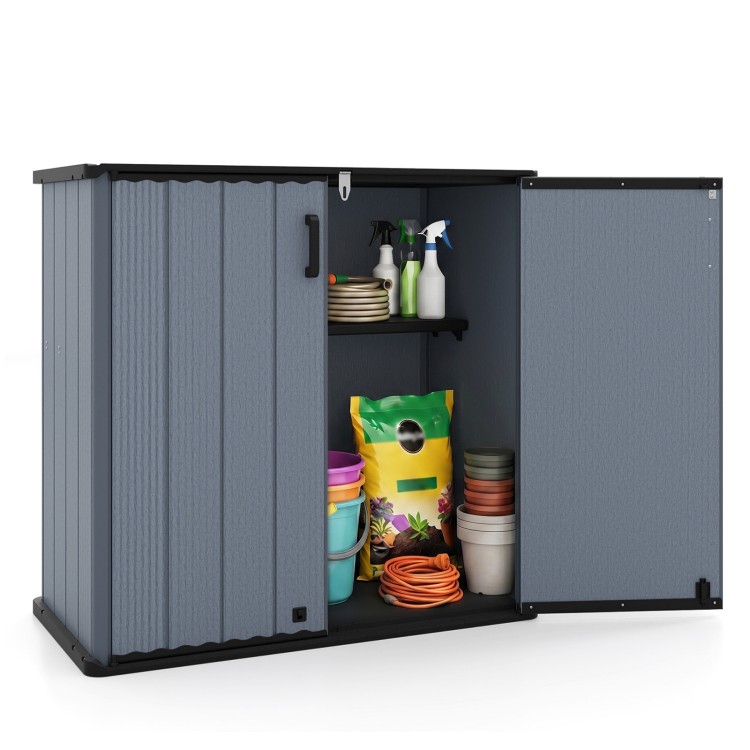 All-weather storage box in gray with lockable doors and removable shelf, ideal for organizing patio and lawn items.