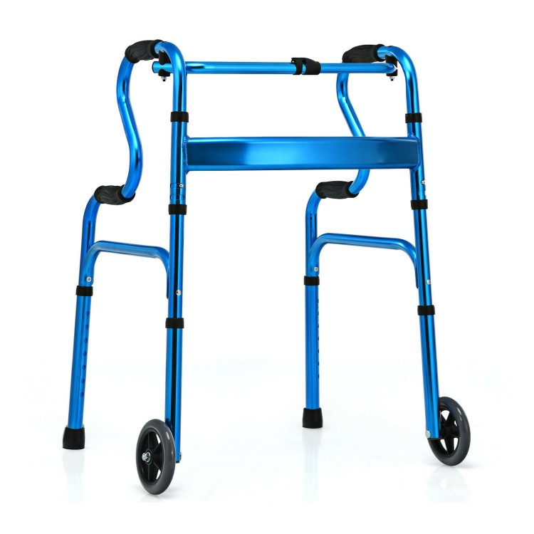 Blue aluminum heavy-duty folding wheeled stand-assist walker with adjustable height and dual-tier armrests for easy.