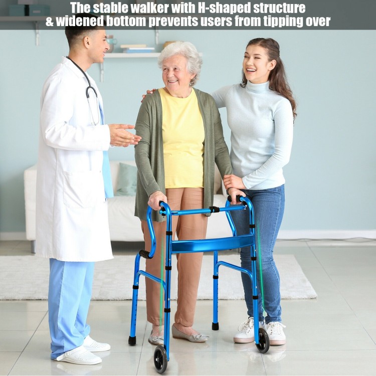 Stable blue aluminum folding wheeled walker with dual-tier armrests, height-adjustable, for safe standing assistance.