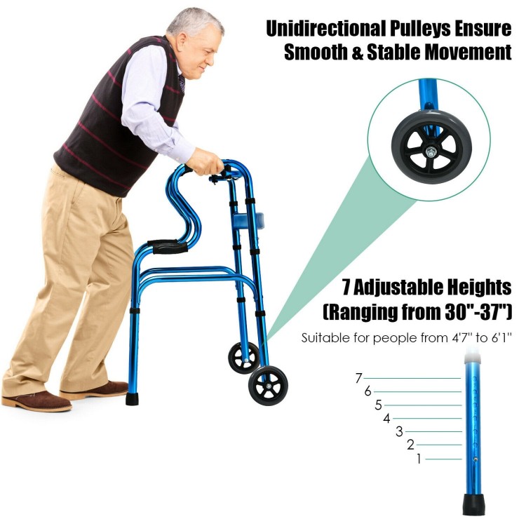 Heavy-duty blue aluminum folding wheeled walker with adjustable height, dual armrests, and smooth unidirectional wheels.