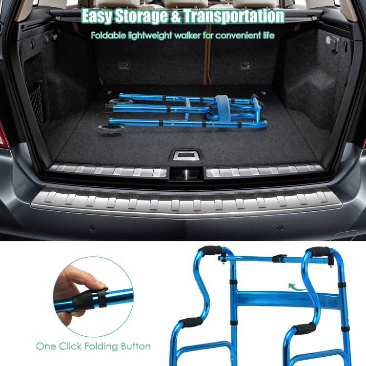 Folding wheeled stand-assist walker in blue, featuring a sturdy aluminum frame and easy one-click folding for transport.