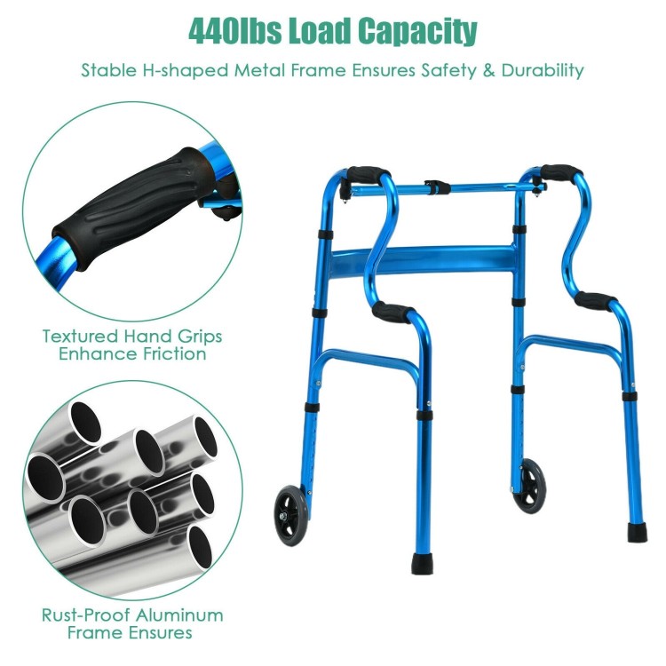 Blue aluminum heavy-duty folding wheeled walker with textured grips, 440 lbs capacity, and adjustable height for easy.