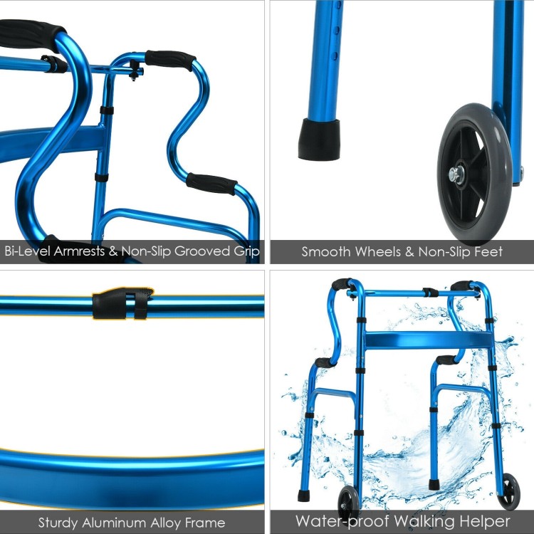 Blue aluminum heavy-duty folding wheeled walker with dual-tier armrests and smooth wheels for safe mobility assistance.