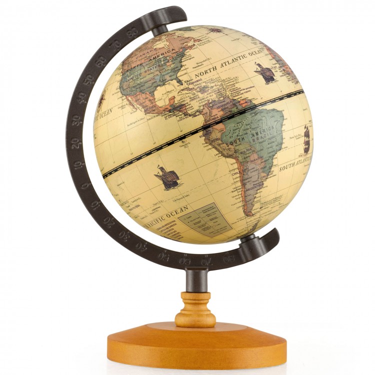 Mini rotating antique globe with a wooden base, featuring clear geographic details and a sturdy metal frame for.