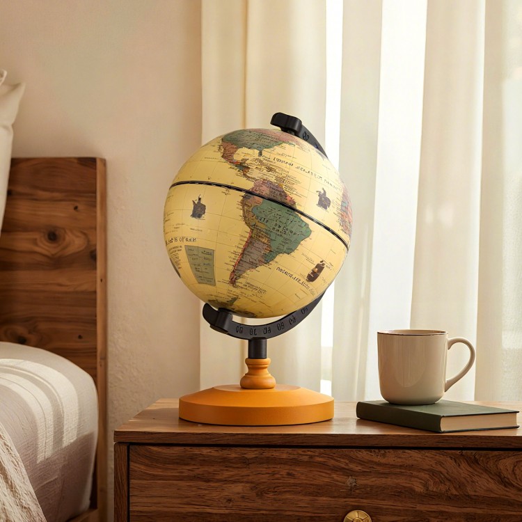 Mini rotating antique globe with a wooden base, featuring clear geographic details, perfect for education or decoration.