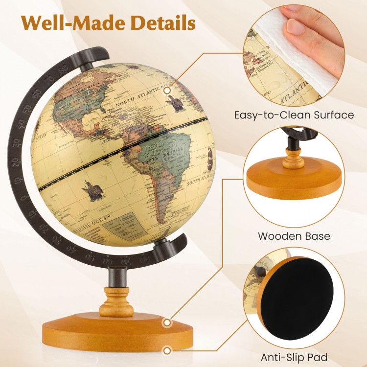 Mini rotating antique globe with a wooden base, featuring an easy-to-clean surface and anti-slip pad for stability.
