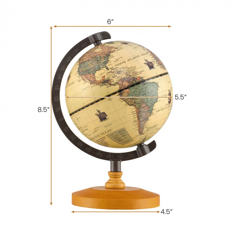 Mini rotating antique globe with a wooden base, showcasing clear geographic details and a height of 8.5 inches for easy.