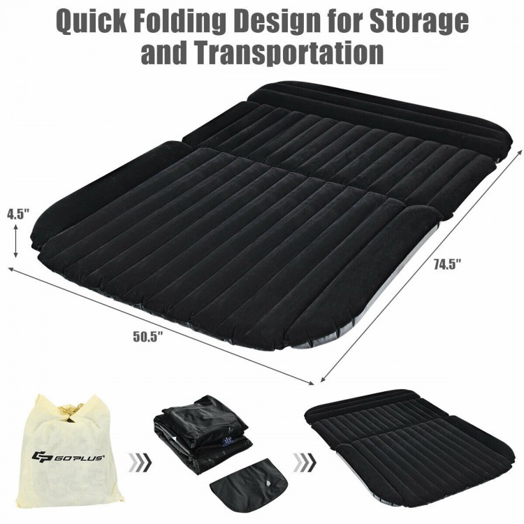 Inflatable SUV air backseat mattress in black, foldable design for easy storage, ideal for camping and road trips.