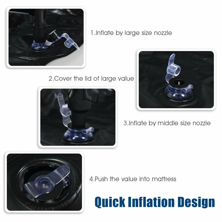 Quick inflation design of the inflatable SUV air backseat mattress with pump, featuring multiple nozzles for easy setup.