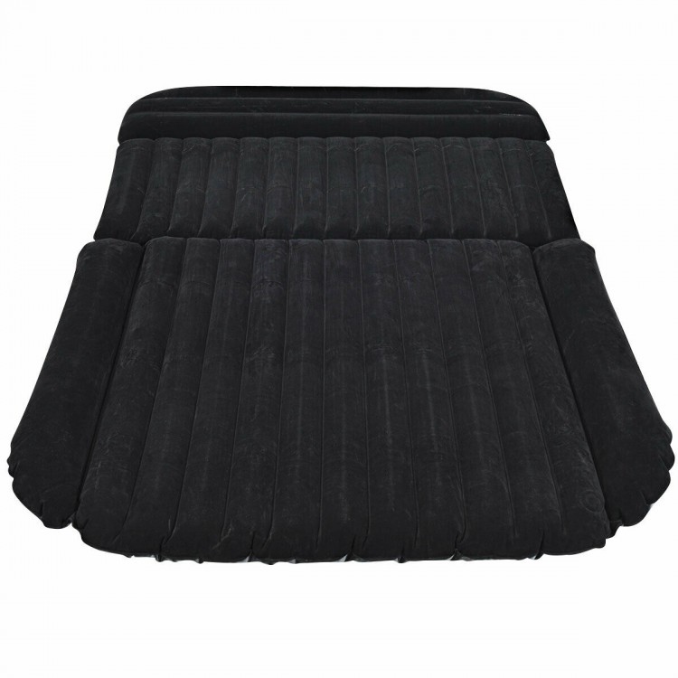 Top view of black inflatable SUV air backseat mattress with flocked surface, perfect for travel and outdoor use.