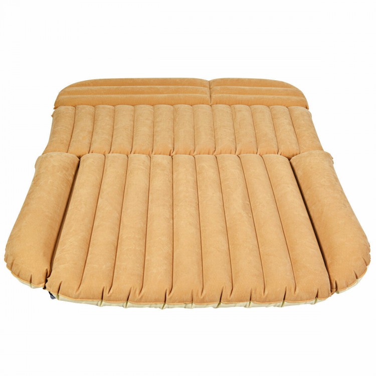 Inflatable SUV air backseat mattress with soft flocking, durable PVC, and electric pump for camping and travel.
