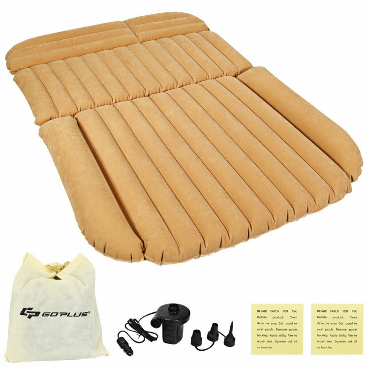 Inflatable SUV air backseat mattress in tan, made of soft flocking and PVC, includes electric pump for easy inflation.