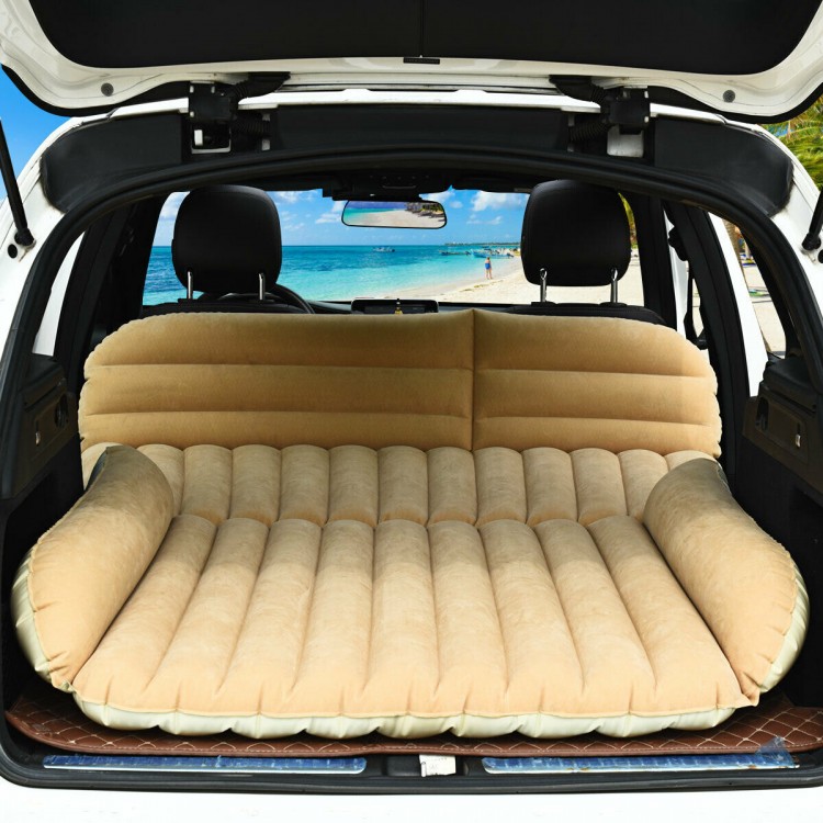 Inflatable SUV air backseat mattress in beige, made of soft flocking and PVC, ideal for camping and road trips.