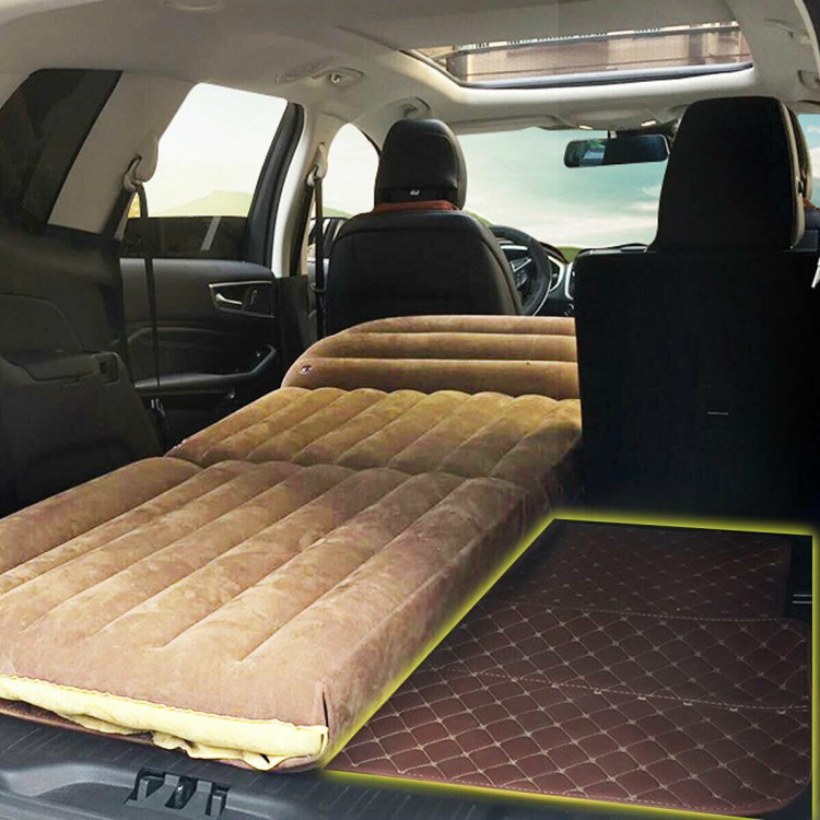Inflatable SUV air backseat mattress in a vehicle, made of soft flocking and PVC, ideal for camping and travel.