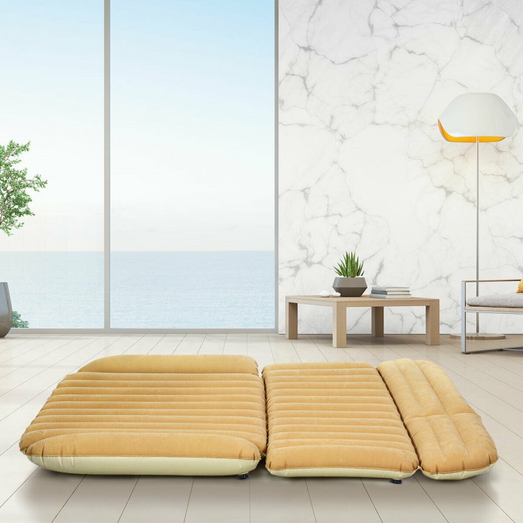 Inflatable SUV air backseat mattress in soft yellow, ideal for camping and road trips, shown in a spacious indoor.