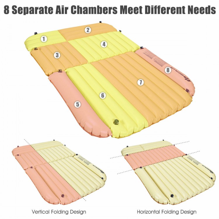 Inflatable SUV air backseat mattress in yellow and pink, featuring 8 separate chambers for customized comfort during.