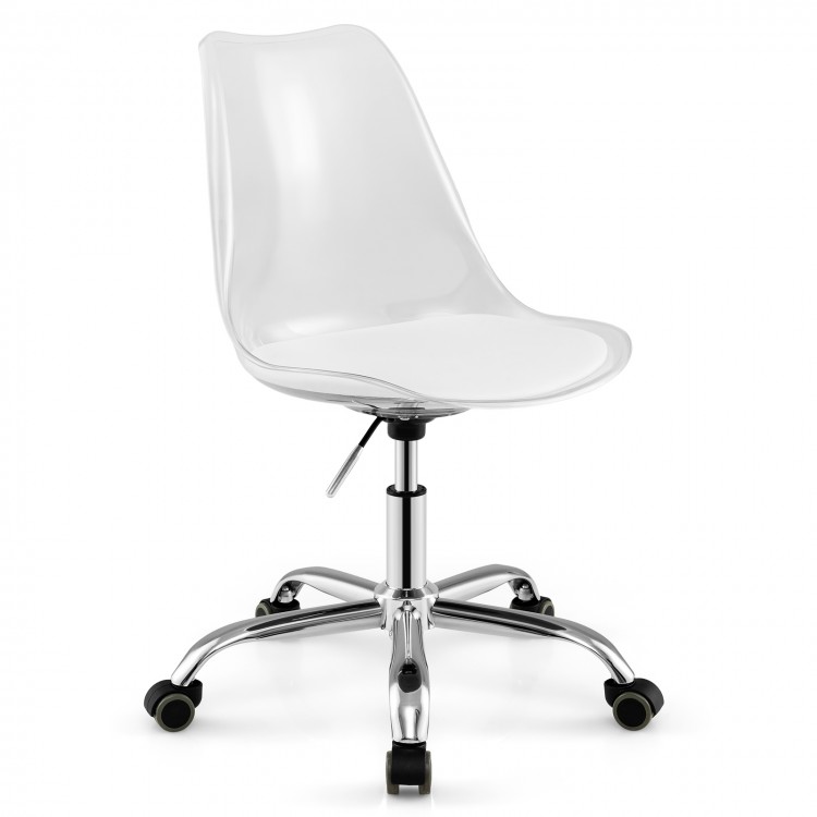 Clear armless rolling office chair with swivel seat, PU leather cushion, and chrome base, ideal for small spaces.