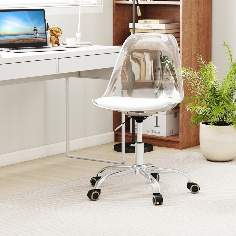 Clear armless rolling office chair with ergonomic PU leather cushion and electroplated metal base, ideal for small.