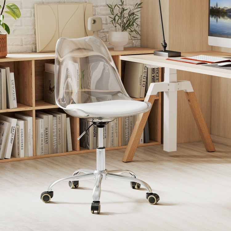 Clear armless rolling office chair with PU leather cushion, ergonomic design, and adjustable height for small spaces.