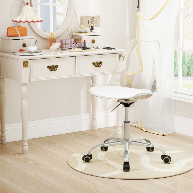 Armless rolling office chair with clear PET material and PU leather cushion, ideal for small spaces like study rooms.
