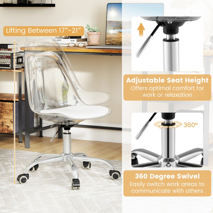 Armless rolling office chair with clear PET material, adjustable height, and 360-degree swivel for versatile workspace.