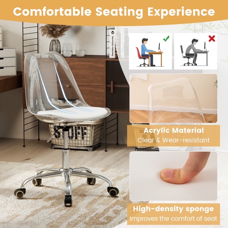 Armless rolling office chair with clear PET material and soft PU leather cushion, ideal for small spaces and ergonomic.
