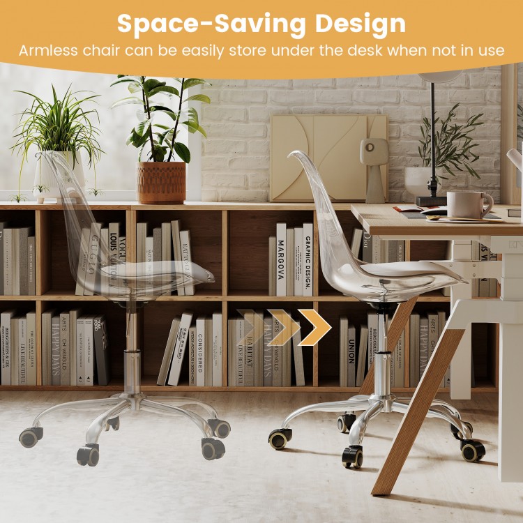 Armless rolling office chair in clear PET with a soft PU leather cushion, ideal for small spaces and easy storage under.