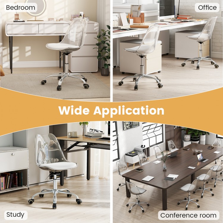 Armless rolling office chair with clear PET material, ergonomic design, and PU leather cushion for versatile use in.