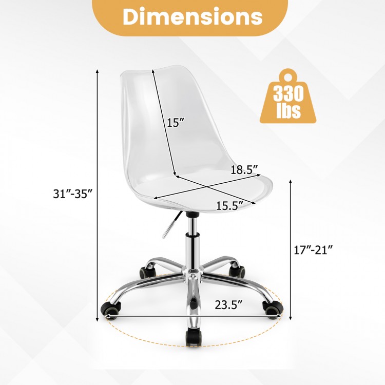 Clear armless rolling office chair with adjustable height, PU leather cushion, and sturdy electroplate metal base.