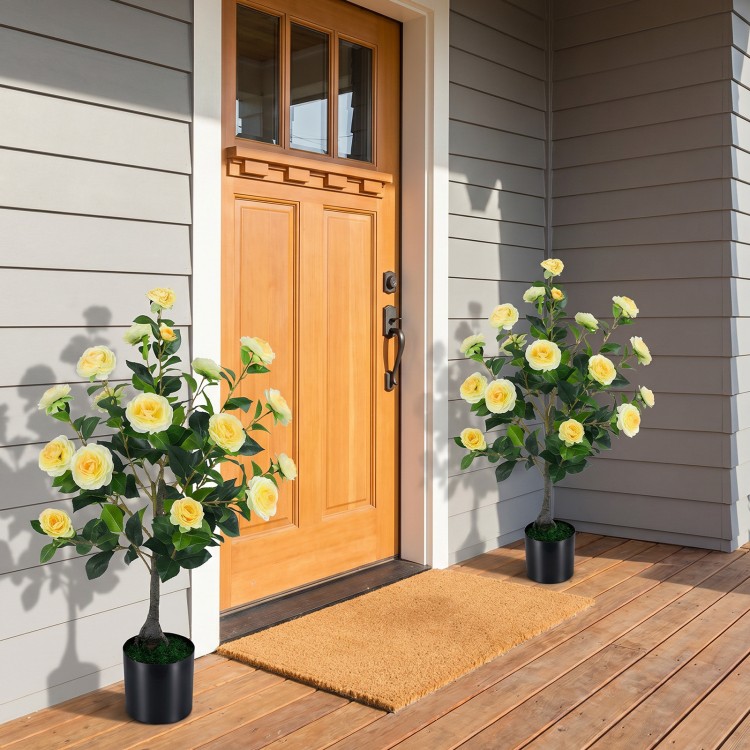 Artificial camellia tree with yellow flowers in a cement-filled pot, perfect for front porches or patios.