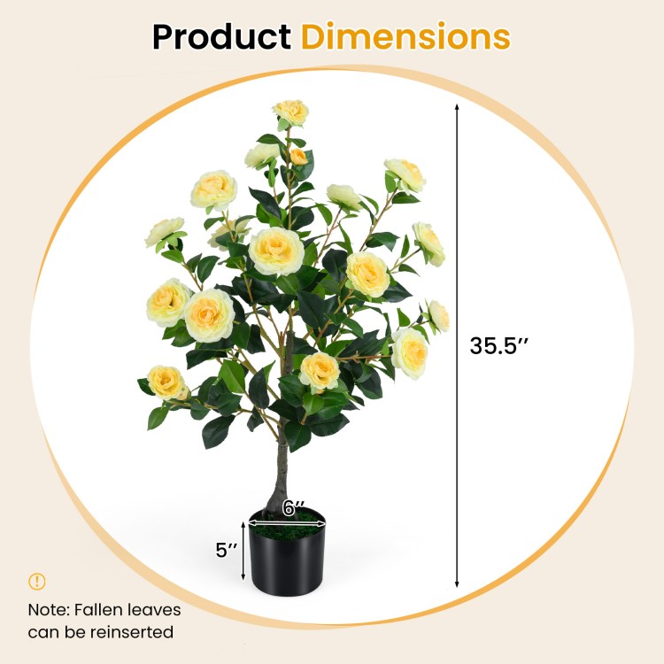 Artificial camellia tree with yellow flowers, 35.5" tall, in a cement-filled pot, perfect for indoor or outdoor decor.