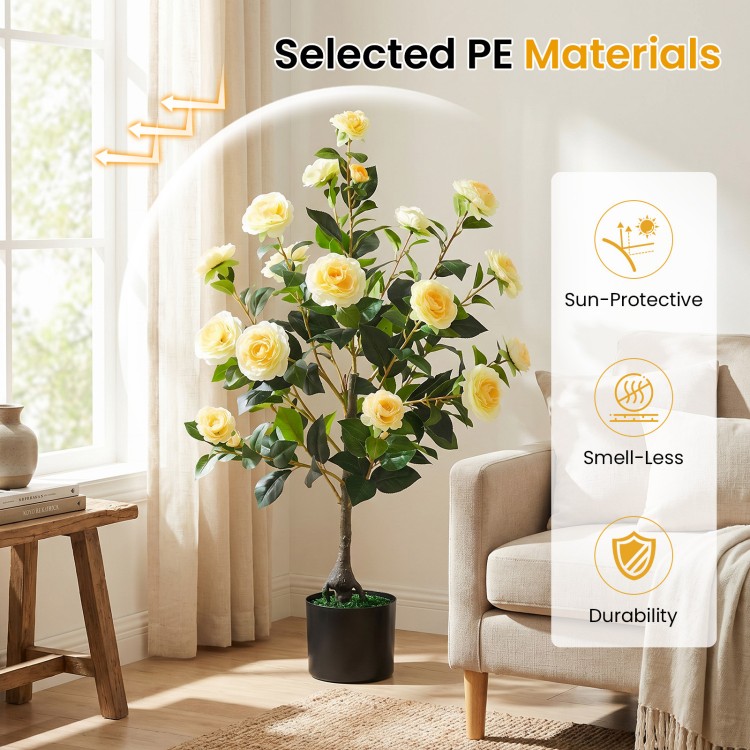 Artificial Camellia tree with yellow flowers in a cement-filled pot, 35.5" tall, ideal for indoor and outdoor decor.